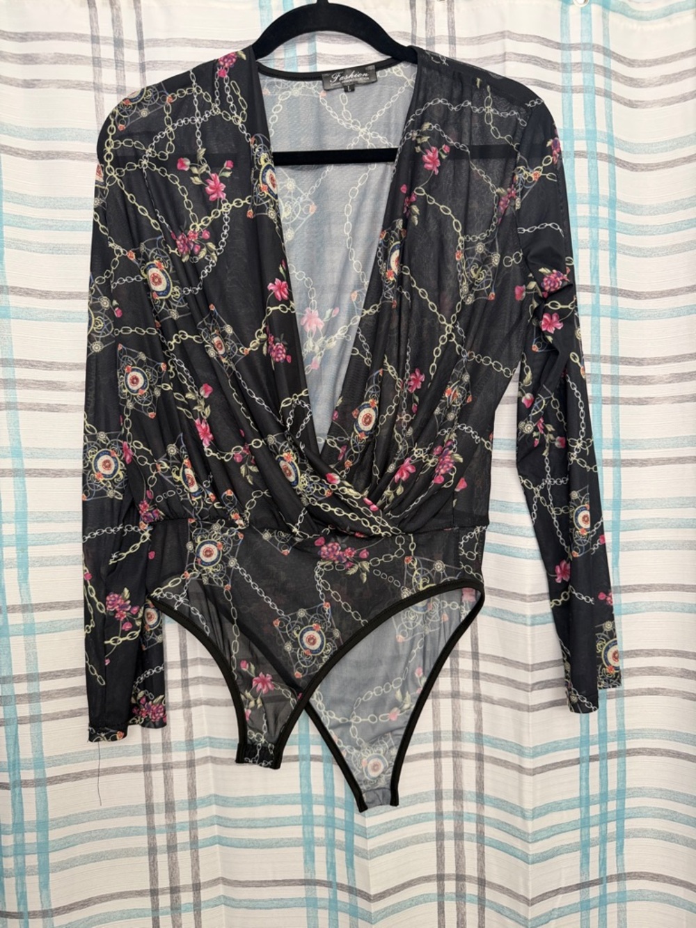 Sheer Black Floral Chain-Print Long-Sleeve Bodysuit